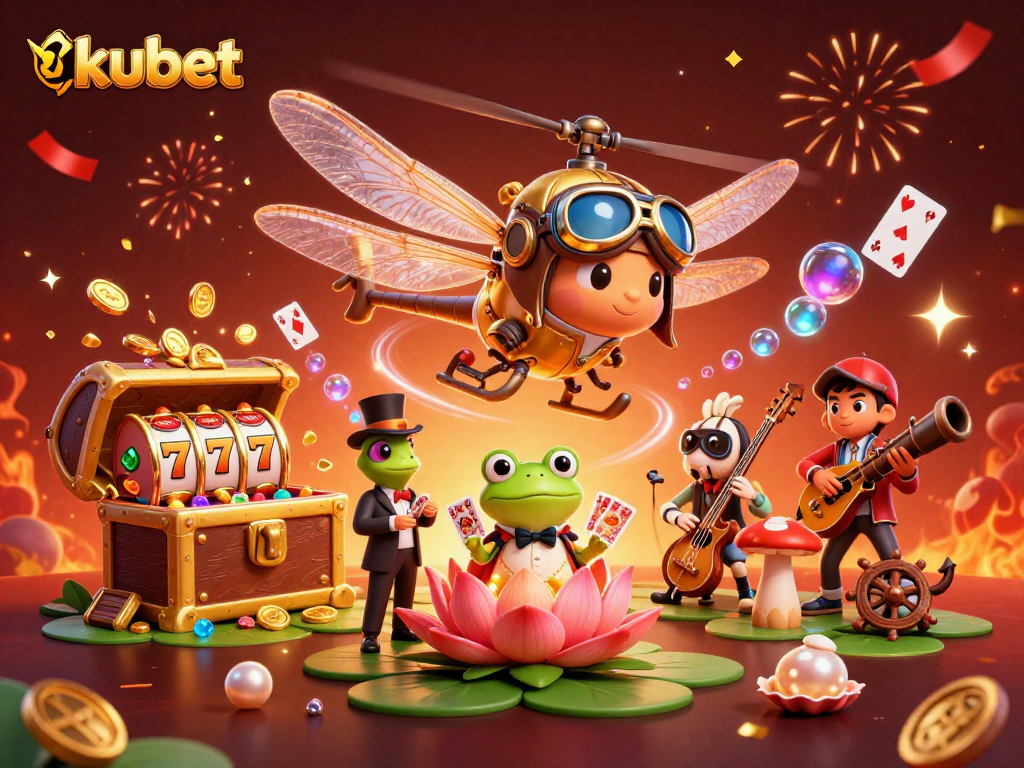 Engage with kubet through a vibrant casino scene featuring a dragonfly pilot, frog dealer, and jazzing crickets.