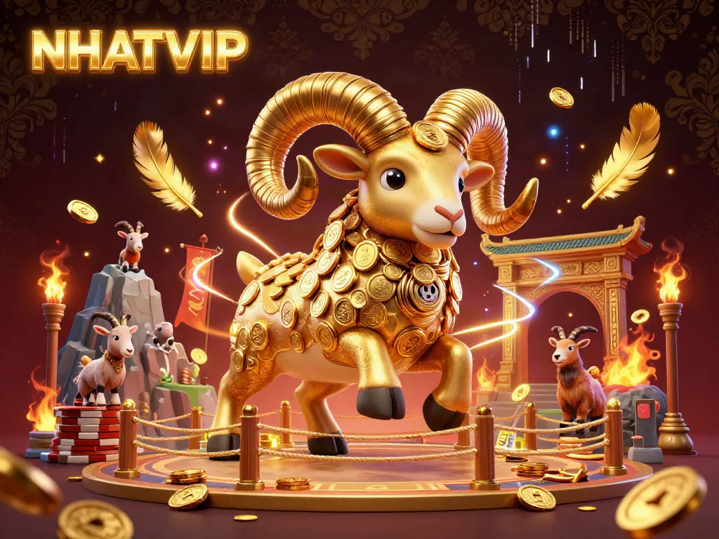 NHATVIP showcases a powerful golden ram charging through a vibrant gaming arena.