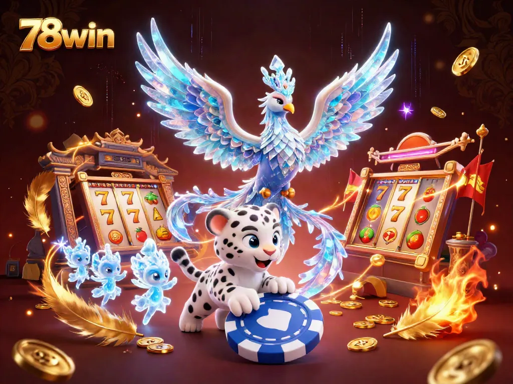 Engage with 78win as the ice phoenix, snow leopard cub, and ice sprites play among vibrant slot symbols and coins.