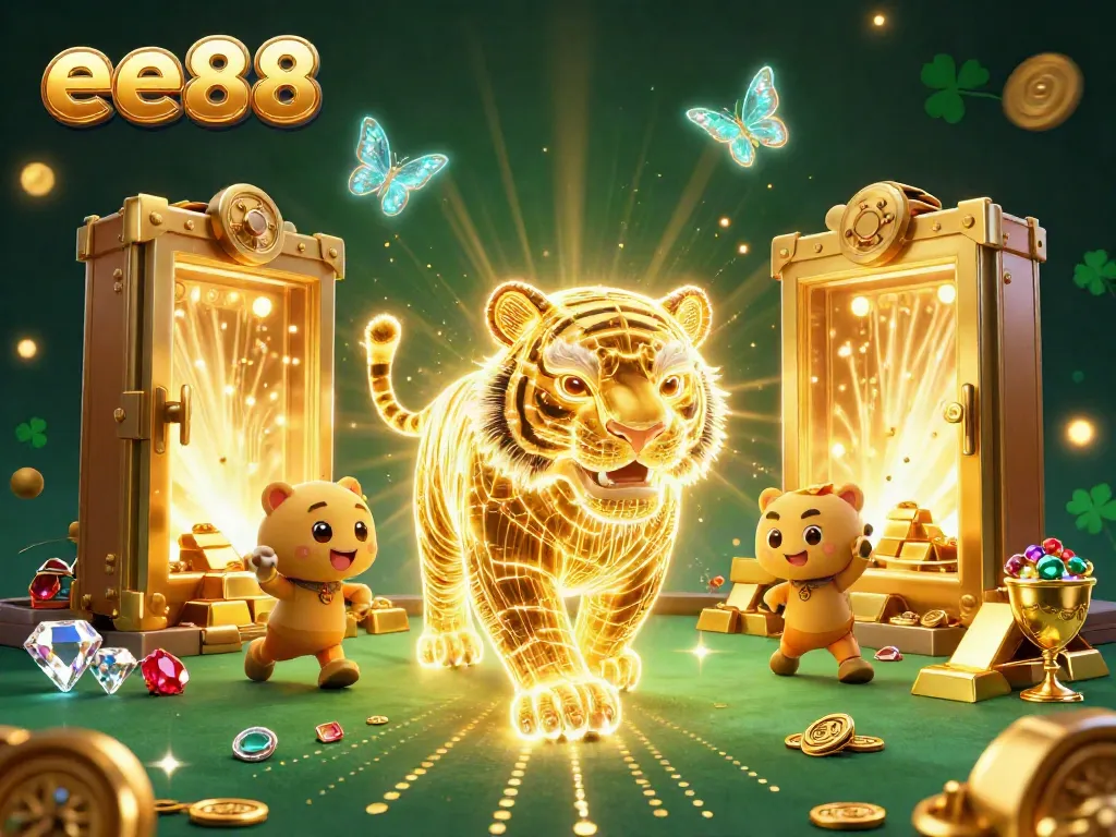 Experience the excitement of ee88 with a vibrant digital casino scene featuring a shimmering golden tiger and sparkling treasures.