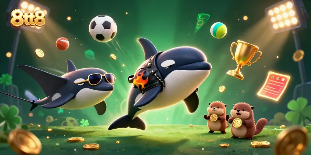 Bet on your favorites with 8tt8: Orca whale, stingray, and otters celebrating winning moments.