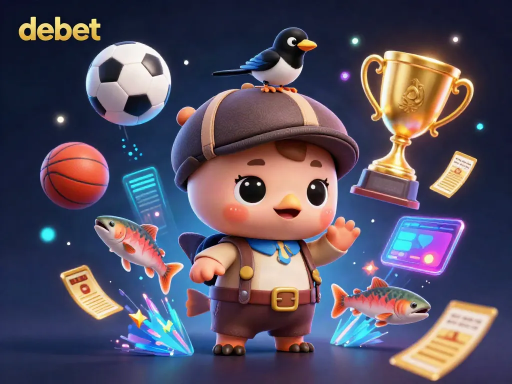 Engage with debet through a vibrant 3D scene featuring playful characters in a dynamic sports betting environment.