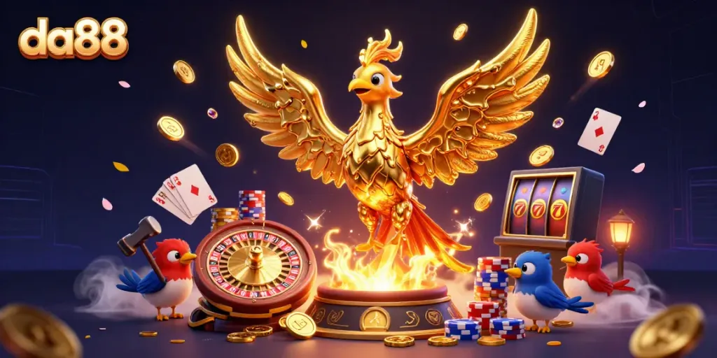 Experience thrilling gameplay at da88 featuring a molten golden phoenix and casino elements.