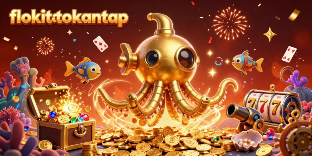 Experience the thrilling gameplay of flokitotokantap with golden kraken submarine emerging from treasure-filled depths.