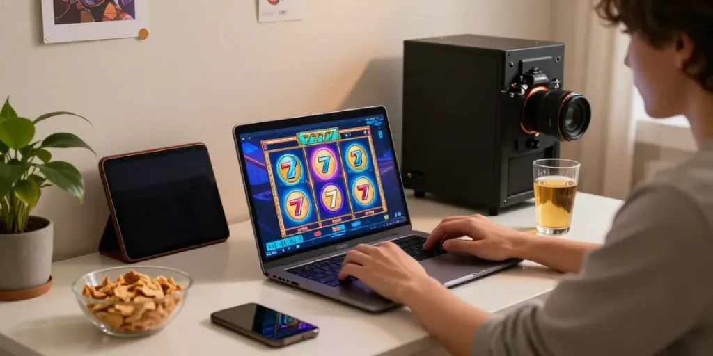 Person enjoying slot777 online gaming at home with colorful graphics and cozy decor.