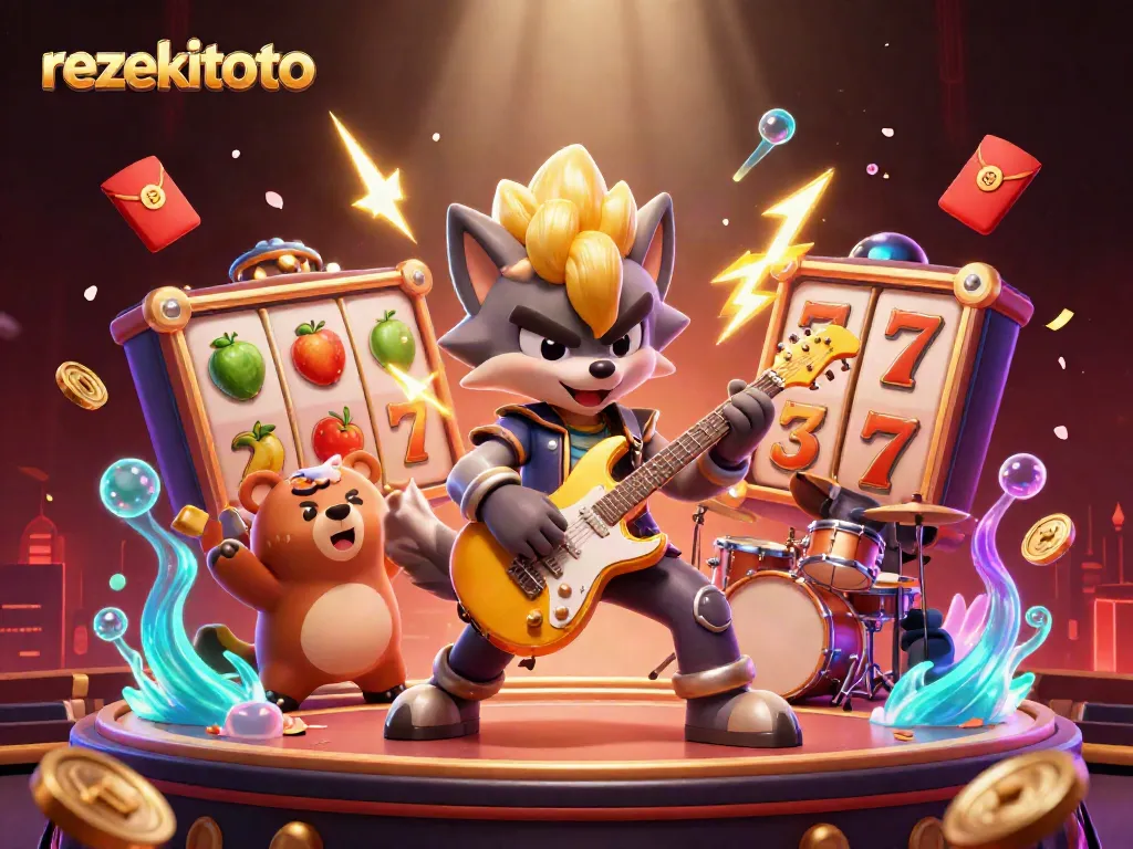Engage in thrilling gameplay with rezekitoto's vibrant casino stage, featuring iconic symbols and dynamic characters.