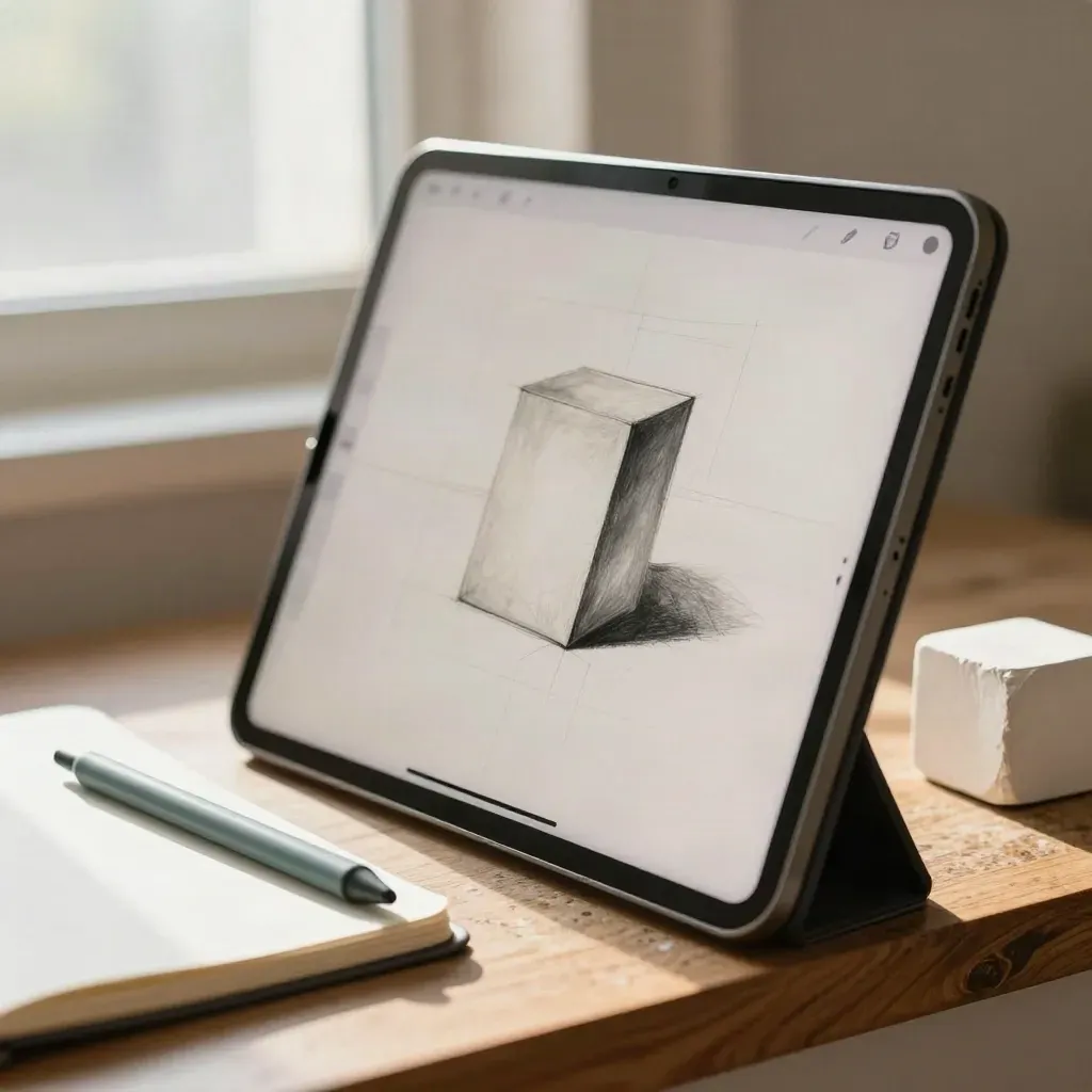 Tablet graficzny z półgotowym studium walorowym, szkicownikiem, rysikiem i gipsową kostką.