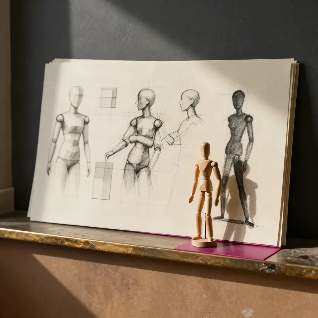Tablice sylwetek i drewniana figurka na półce, w ciepłym świetle atelier