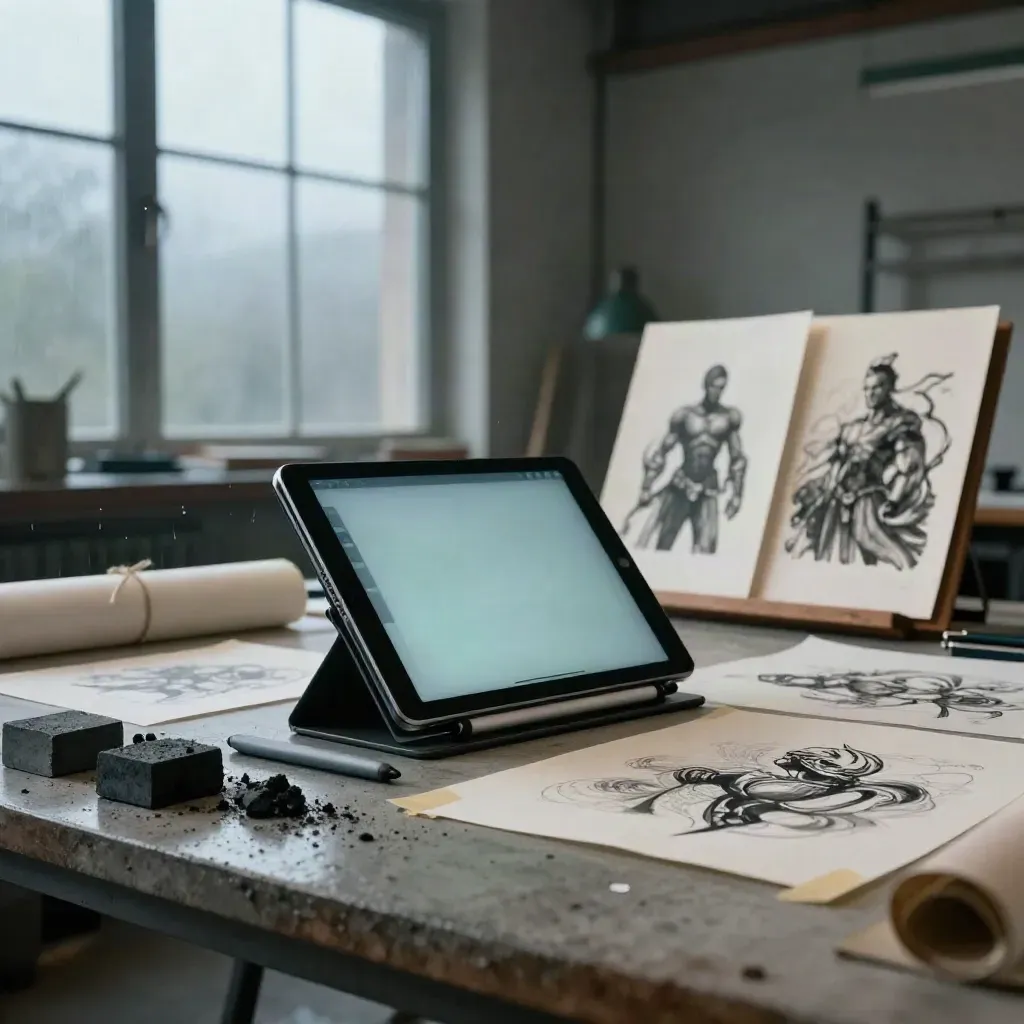 Ciężkie atelier cyfrowe z tabletem, szkicami i printami w porannym świetle po deszczu