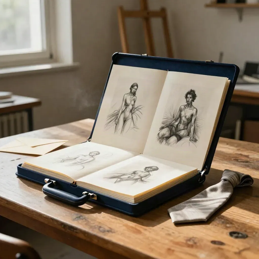 Otwarty granatowy portfolio case z 14 rysunkami postaci i zaklejoną kopertą w pracowni.