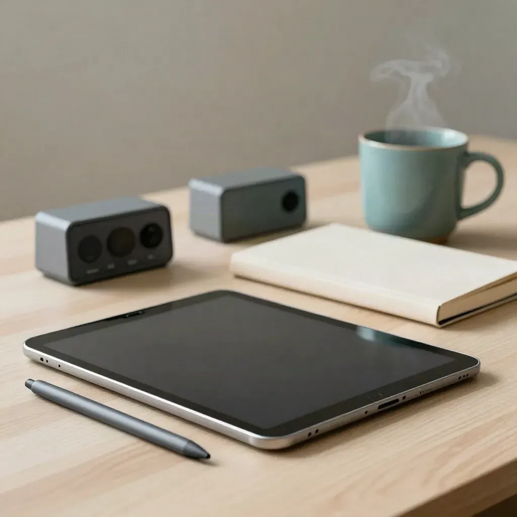 Tablet, rysik, zamknięty zeszyt, timer i kubek na jasnym drewnie w porannym świetle.