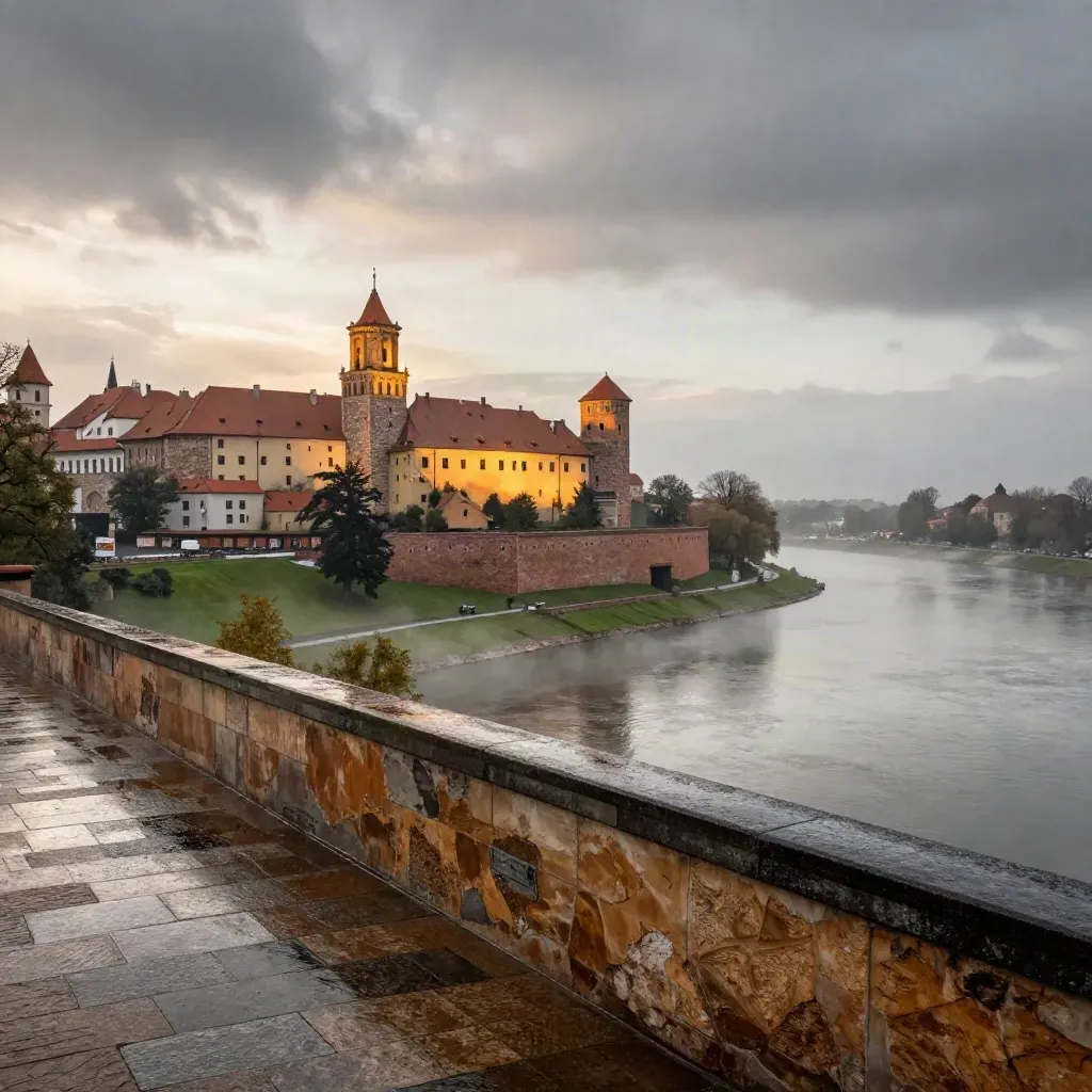 Wawel nad zakolem Wisły po burzy, w ciepłym złotym świetle i lekkiej mgle
