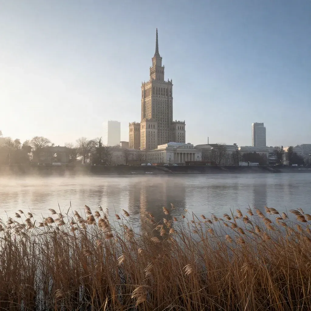 Warszawa nad Wisłą o świcie, Pałac Kultury wysoko nad mgłą i trzcinami