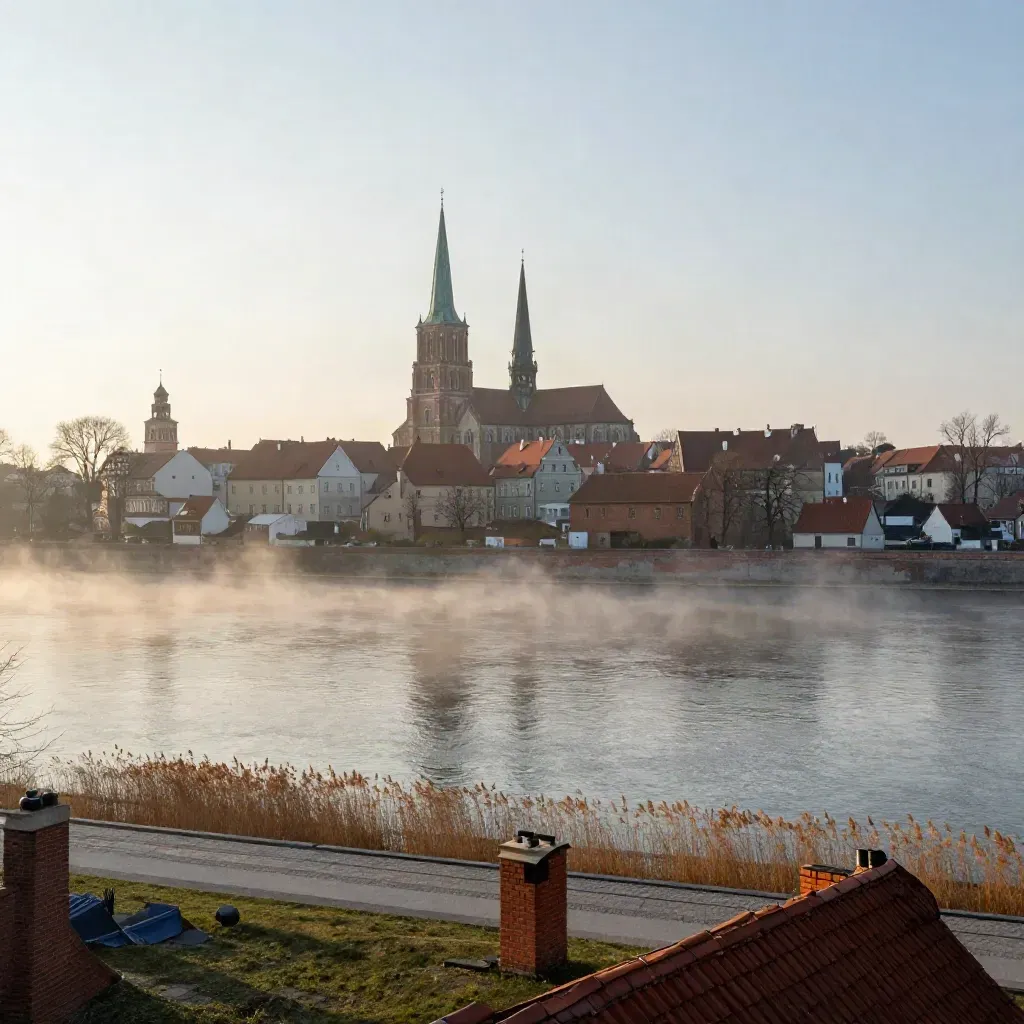 Poranna mgła nad Ostrowem Tumskim i Wartą w Poznaniu