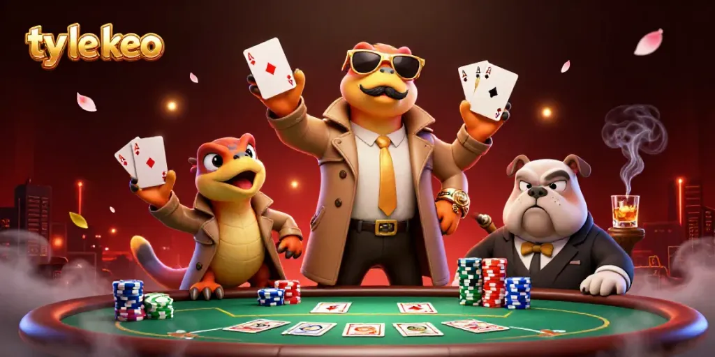 Ty le keo raptors trying to enter a VIP casino, surrounded by colorful poker elements.