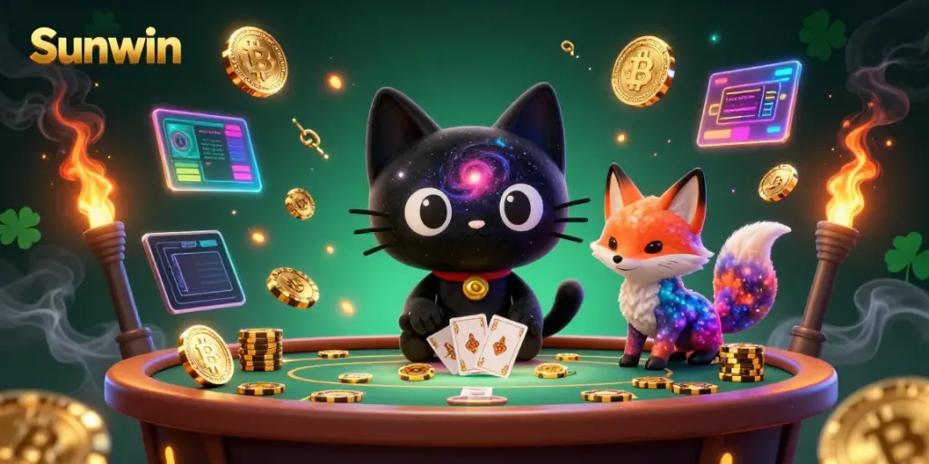 Join the excitement at Sunwin's cosmic casino featuring a black hole cat and a nebula fox surrounded by vibrant gaming elements.