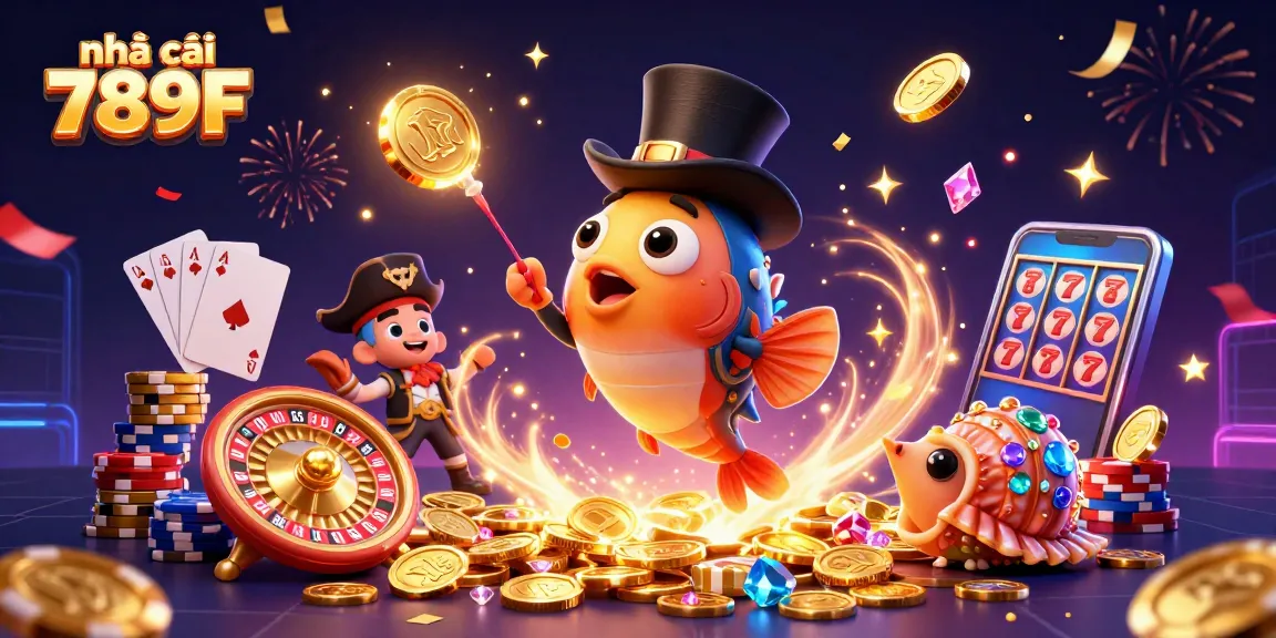 Engage with nhà cái 789F as 3D characters attract golden coins amidst vibrant casino elements.