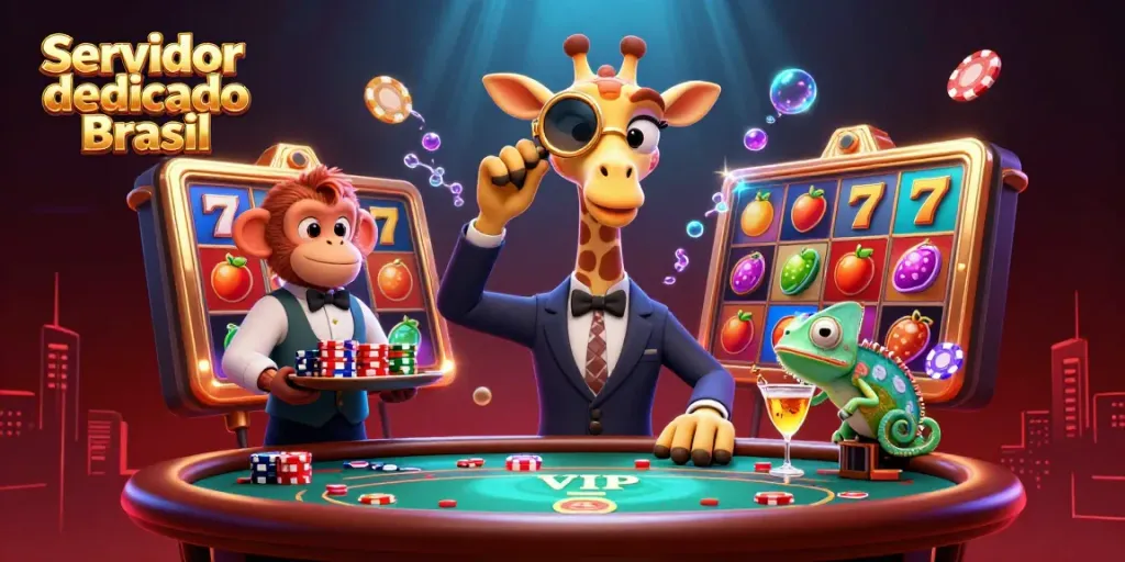 Experience premium gaming with our Servidor dedicado Brasil, featuring a giraffe high-roller at the poker table.