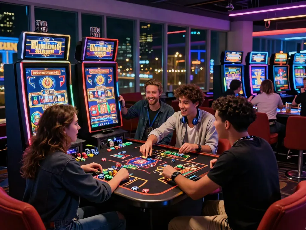 Exciting online gaming atmosphere with lumbung88 friends celebrating wins at a modern casino setup.