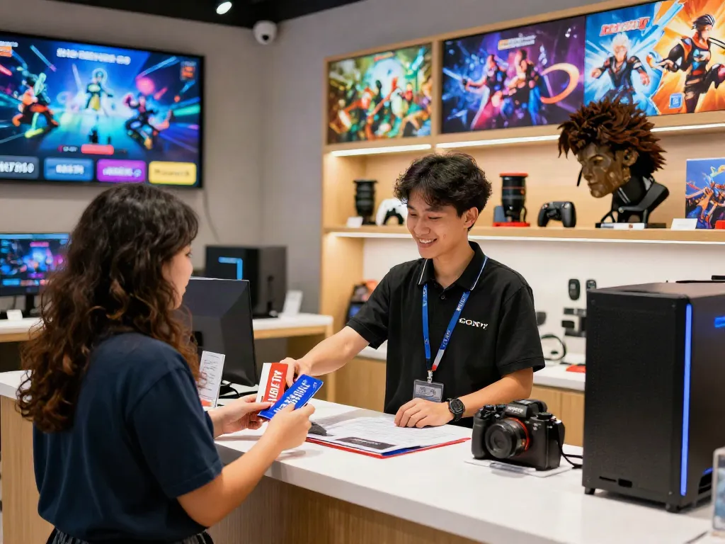 warung168 digital store showcasing gaming gear and friendly staff assisting customers