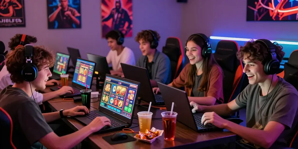 Friends playing lumbung88 online slots in vibrant gaming lounge