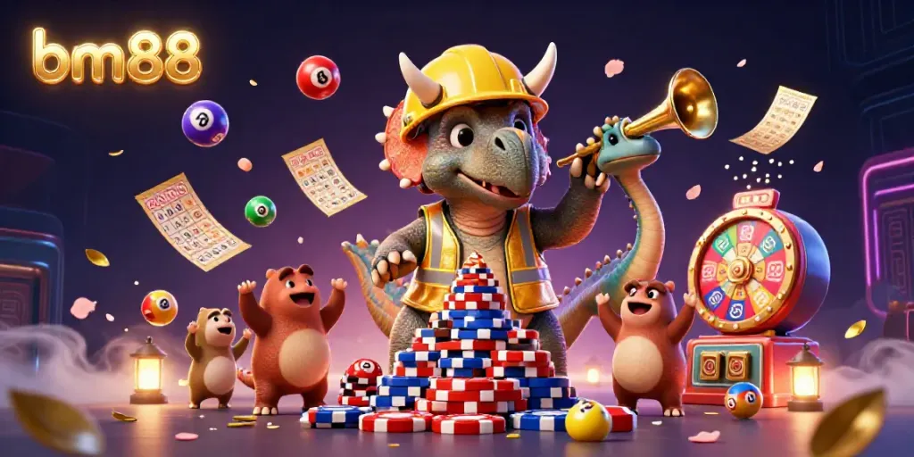 Experience the vibrant energy of bm88 with colorful lottery elements and playful cartoon characters celebrating gaming.