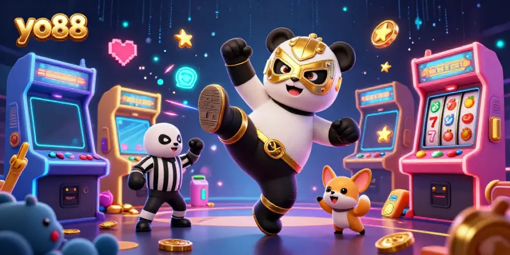 Experience thrilling action at yo88 with a dynamic 3D wrestling scene featuring arcade elements.