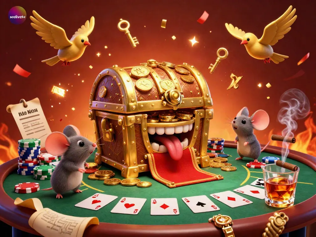 Socolivetv showcases a vibrant 3D illustration with a golden treasure chest luring adventurer mice alongside poker elements, capturing exciting gaming moments.