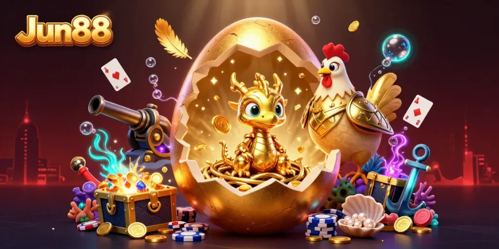Experience the allure of Jun88 with a golden-dragon scene, alive with treasure and adventure.