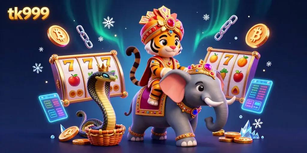 Experience thrilling gameplay with tk999 alongside vibrant gaming elements like slot reels and crypto coins.
