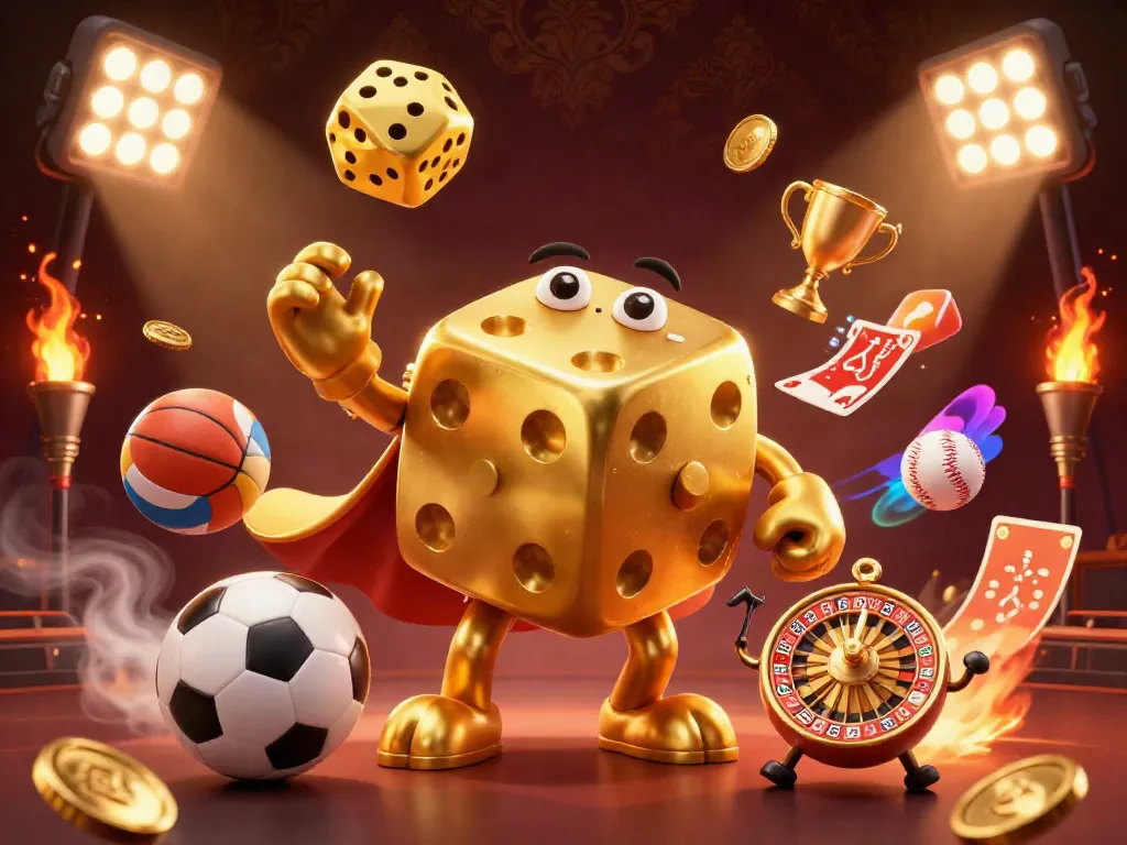 Engage with exciting 99WIN gaming dynamics featuring a golden dice golem and lively sports elements.