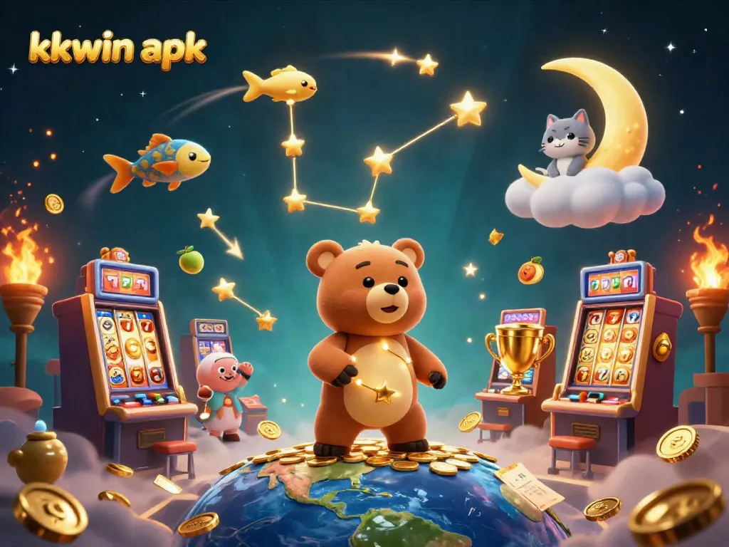 Play exciting games with kkwin apk, symbolized by a constellation bear amidst golden coins and dynamic casino elements.
