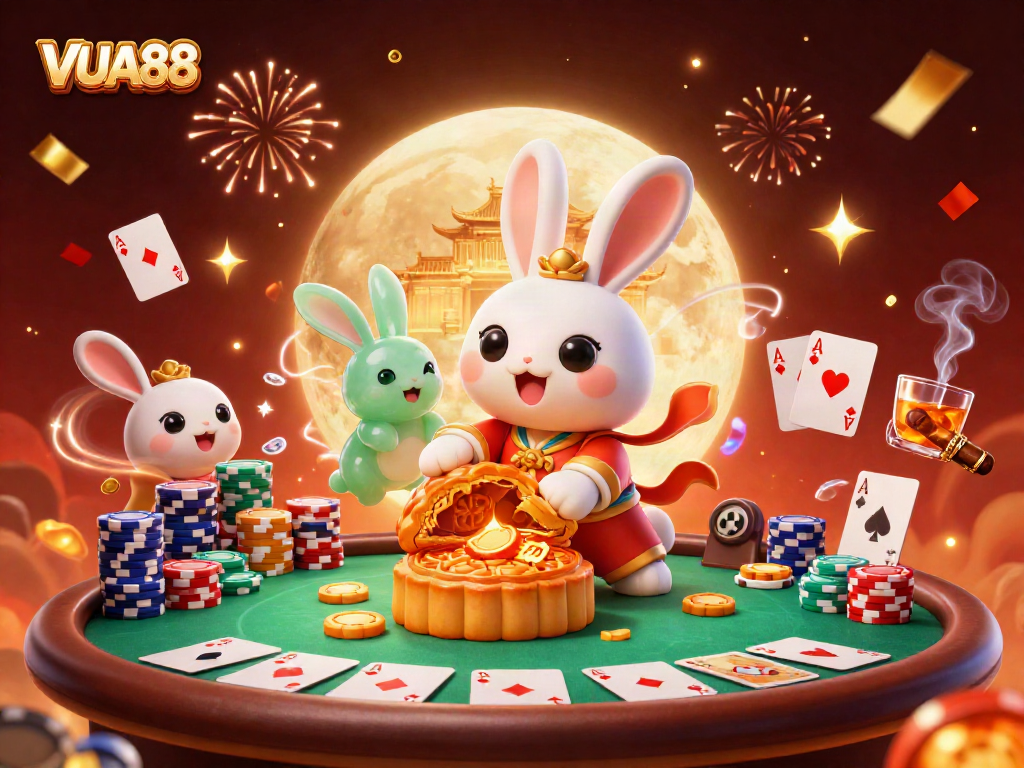 Engage with VUA88's exciting poker scene featuring a moon rabbit and casino elements.