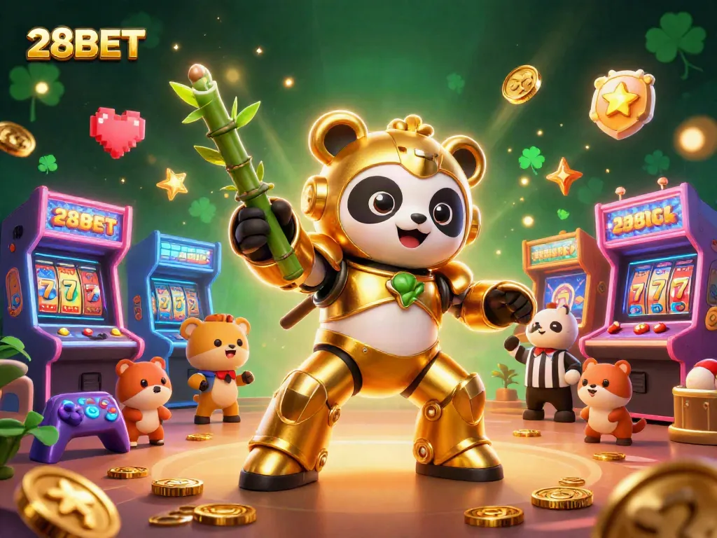 Engage with 28BET at the vibrant casino scene depicting a 3D panda pilot, surrounded by colorful game elements and a playful atmosphere.