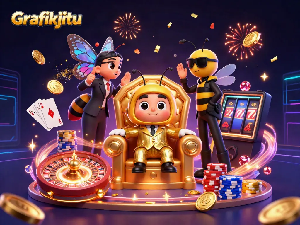 Engage in exciting gameplay and exclusive rewards with Grafikjitu, featuring animated characters in a vibrant casino scene.