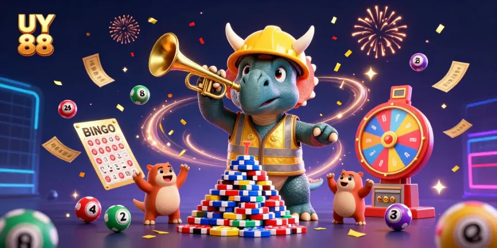 Engage with UY 88 in a vibrant casino scene featuring lively dinosaur characters celebrating gaming milestones.