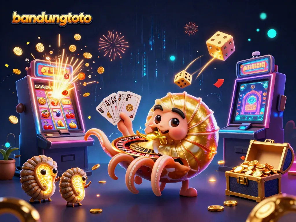 Engage with bandungtoto in an ultra-detailed 3D digital casino scene featuring a giant nautilus and jackpot symbols.