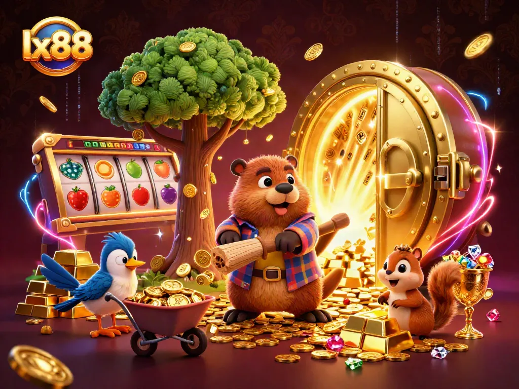 Play exciting casino games with lx88, where a beaver character chops golden tree coins in a vibrant casino scene.