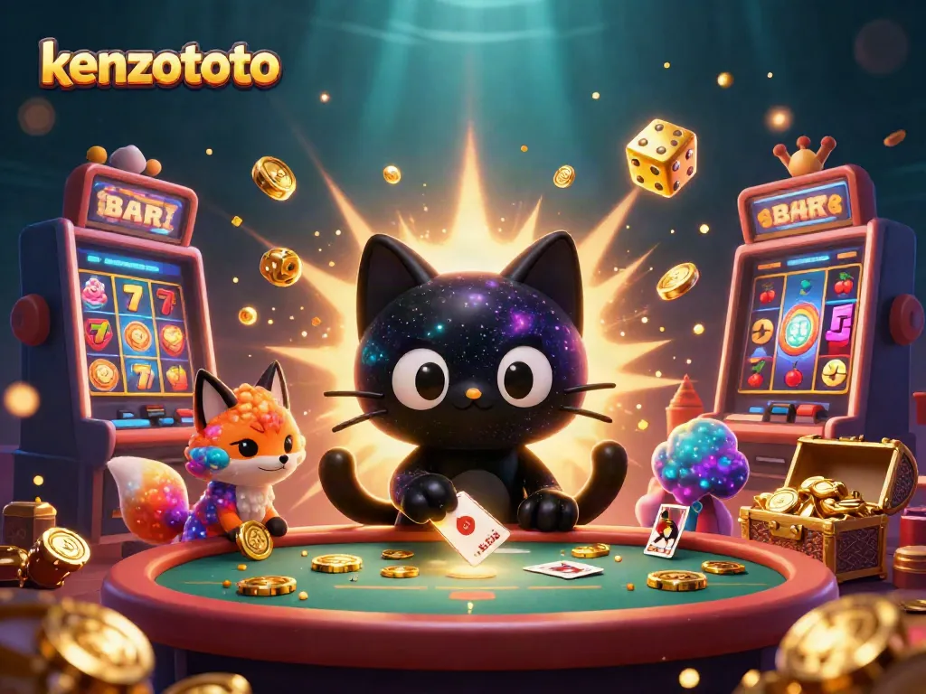 Kenzototo showcases a black hole cat and nebula fox at a cosmic casino, captivating players with gaming elements.