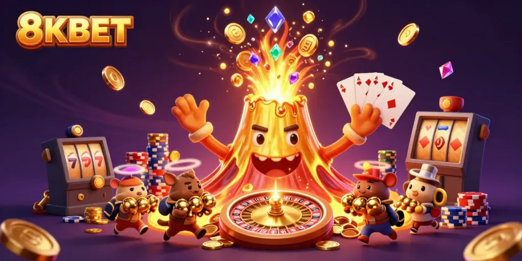 Experience dynamic action with 8KBET's vibrant casino-themed illustration featuring treasures and games.