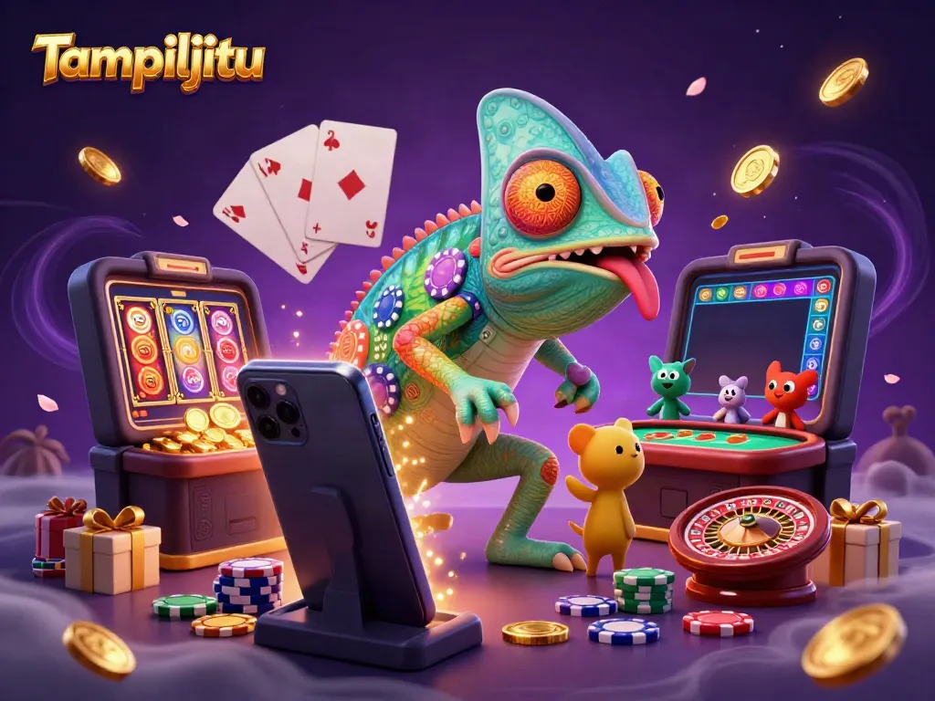 Tampiljitu showcases a vibrant casino scene featuring a colorful chameleon as the owner, surrounded by dynamic gaming elements.