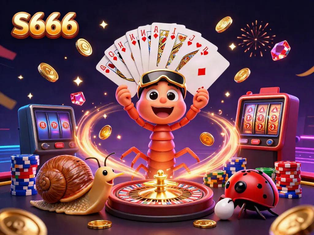 S666 features a vibrant casino scene with a millipede dealer, snail high-roller, and dazzling game elements.