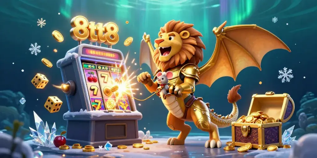 Engage with 8tt8's thrilling jackpot explosion featuring a lion-headed chimera and a brave mouse atop the slot machine.