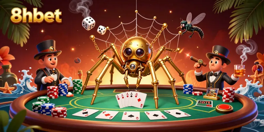 Experience thrilling moments at 8xbet with golden spider and poker scene capturing dice and fun.