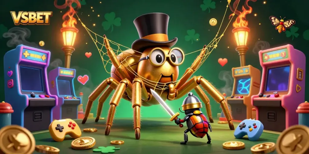 Experience the thrilling casino adventure with VSBET, featuring a golden tarantula and brave beetle knight.