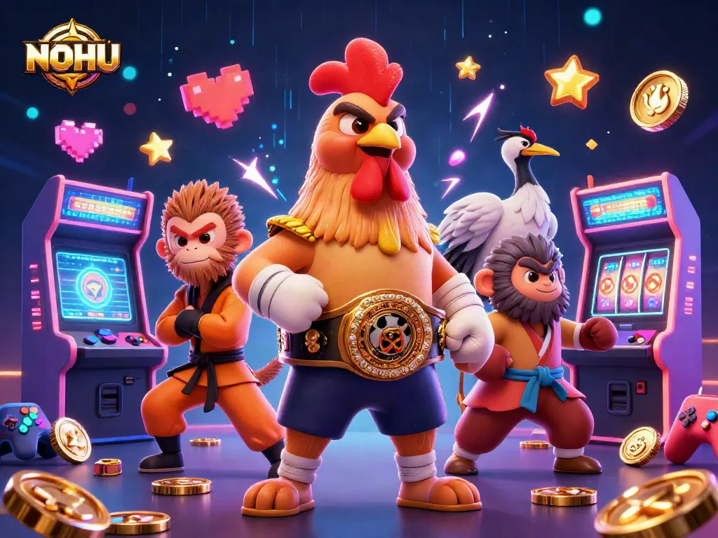 Experience thrilling NOHU slots with dynamic gaming characters, colorful machines, and jackpot excitement.