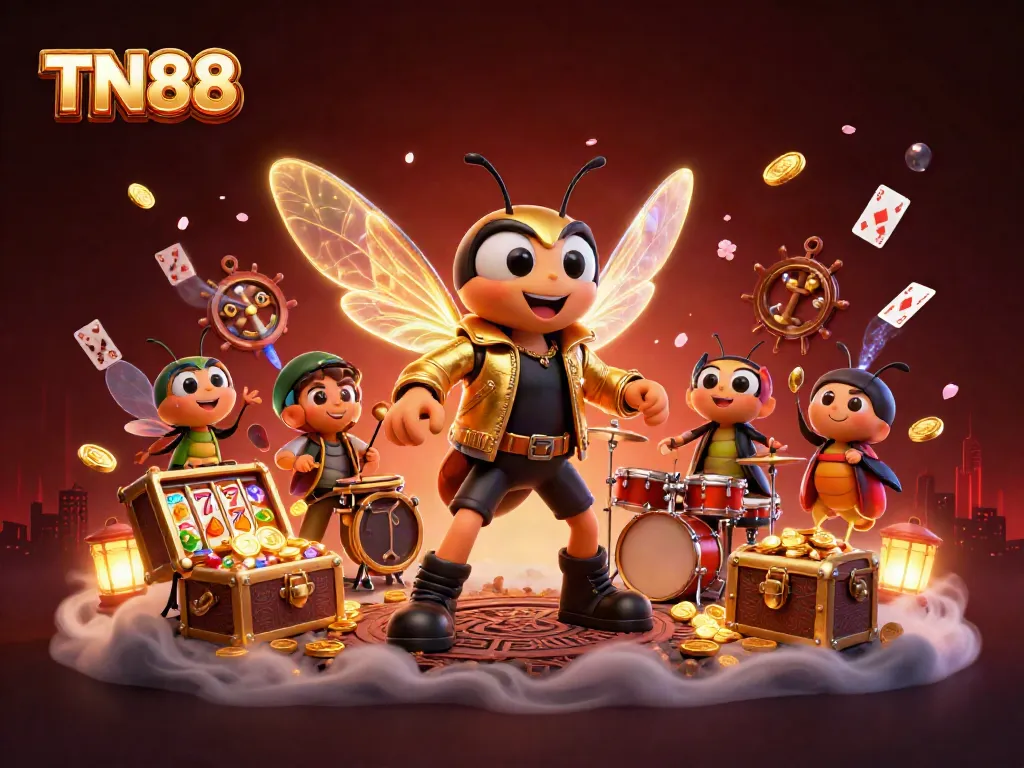 Engage in the excitement of TN88 casino games with a vibrant rock star scene featuring dynamic characters.