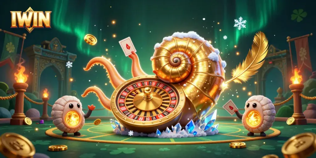 IWIN gaming experience with an ancient nautilus roulette wheel surrounded by vibrant casino elements.
