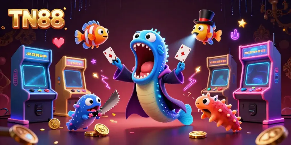 Experience the excitement of TN88 with a magical casino scene featuring a bioluminescent eel and anglerfish.