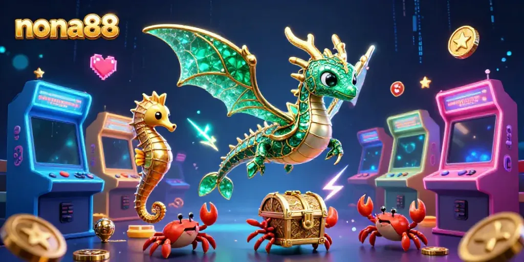 Permainan slot nona88 dengan dadu, naga laut berwarna zamrud, dan elemen permainan digital 3D.